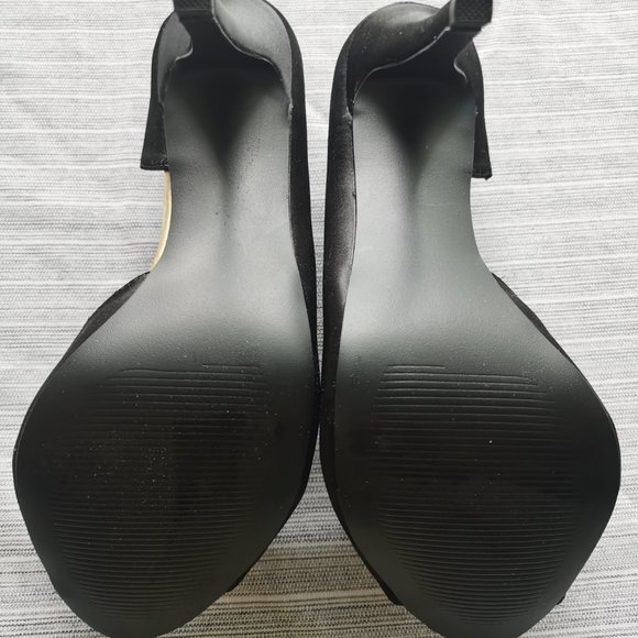 Black Satin Rhinestone Bow Open-toe Pump Heels - Picture 7 of 9